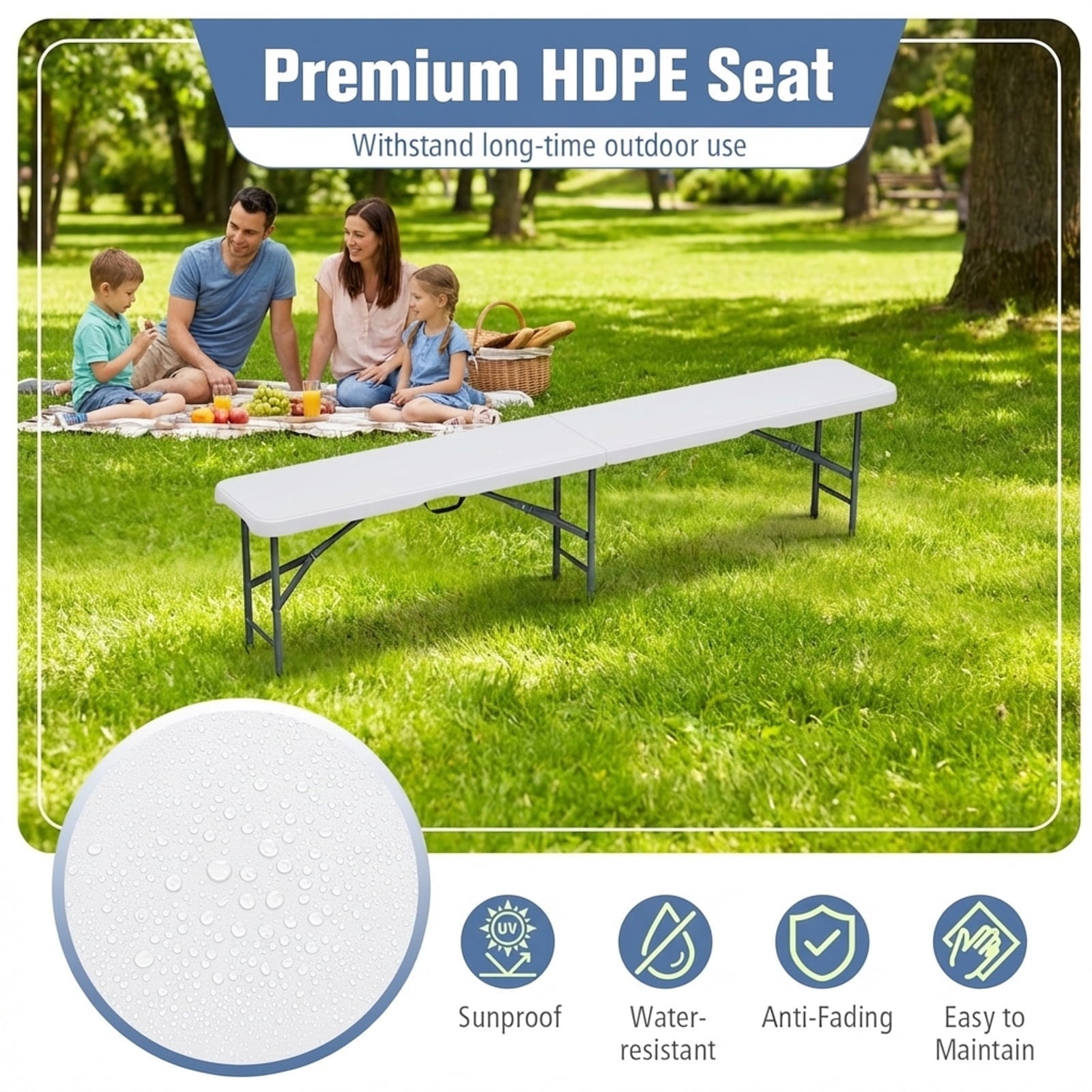 Biotree 6 Feet Plastic Folding Bench Portable Seat with Handle and Lock, White