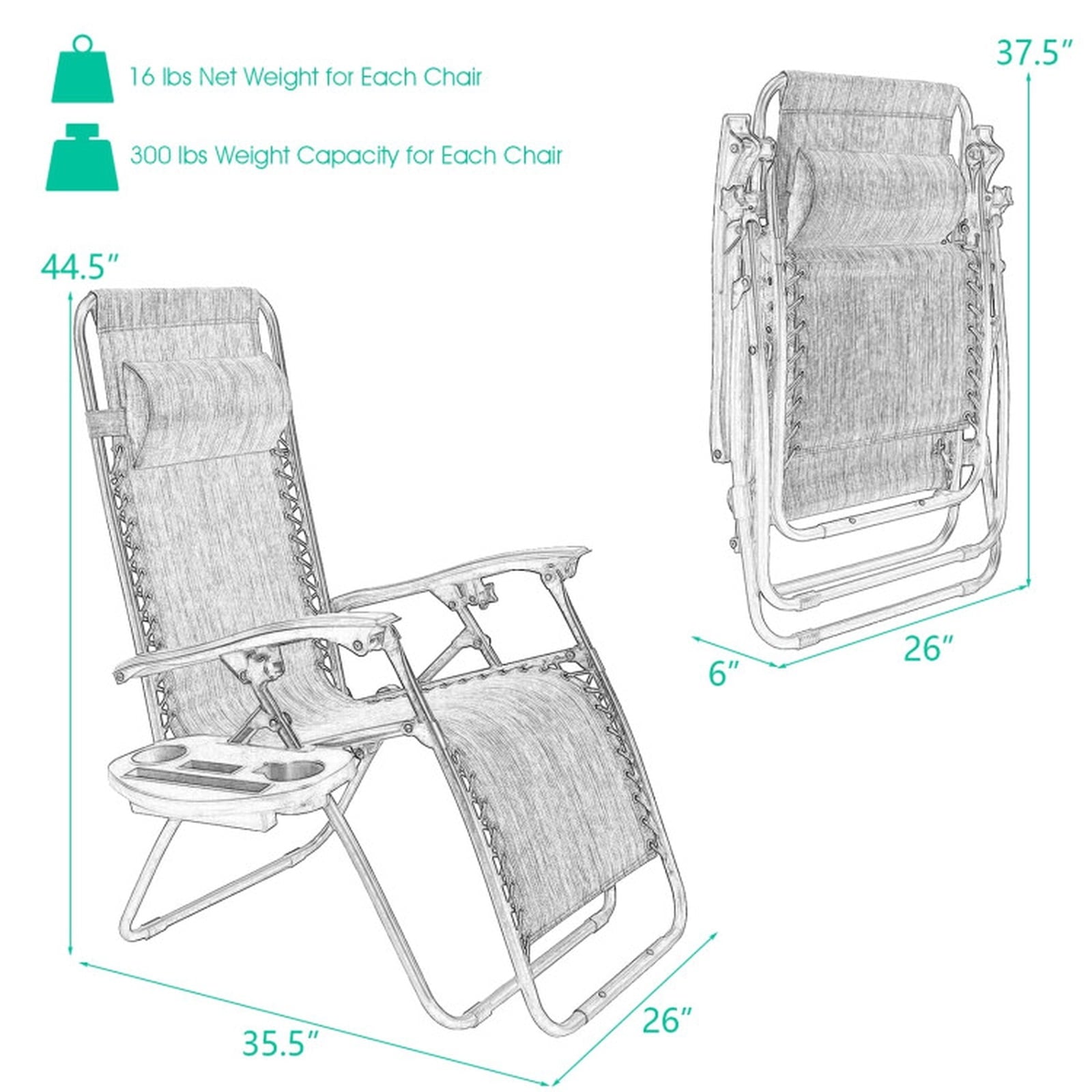 Biotree 2 Pieces Folding Recliner Zero Gravity Lounge Chair Stackable Patio Chair for Garden BackyardBlack