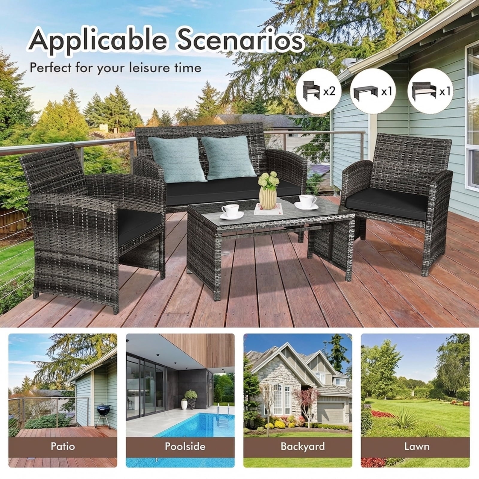 Biotree 4-Piece Patio Rattan Furniture Set with Glass Table-Black