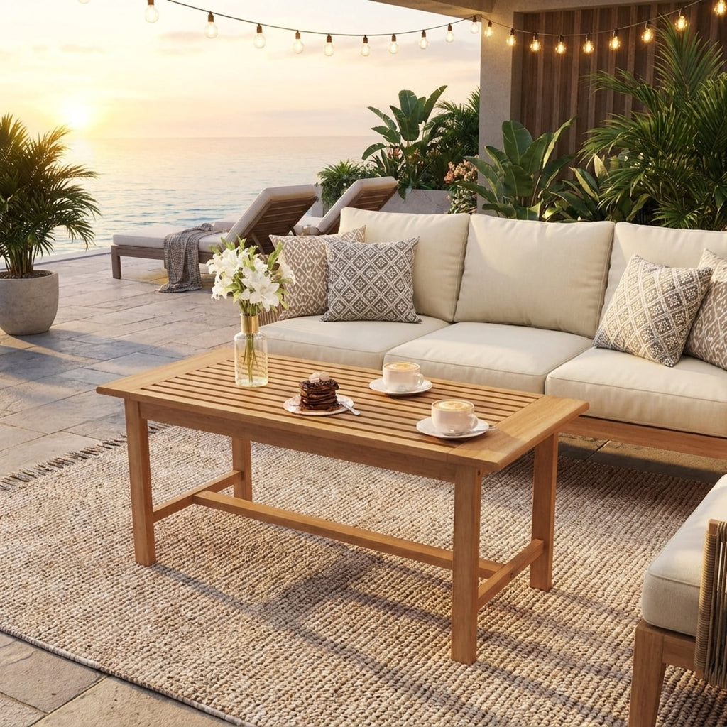 Biotree Patio Coffee Table 36 Inch Rectangular Outside Side Table with Slatted Tabletop, Natural