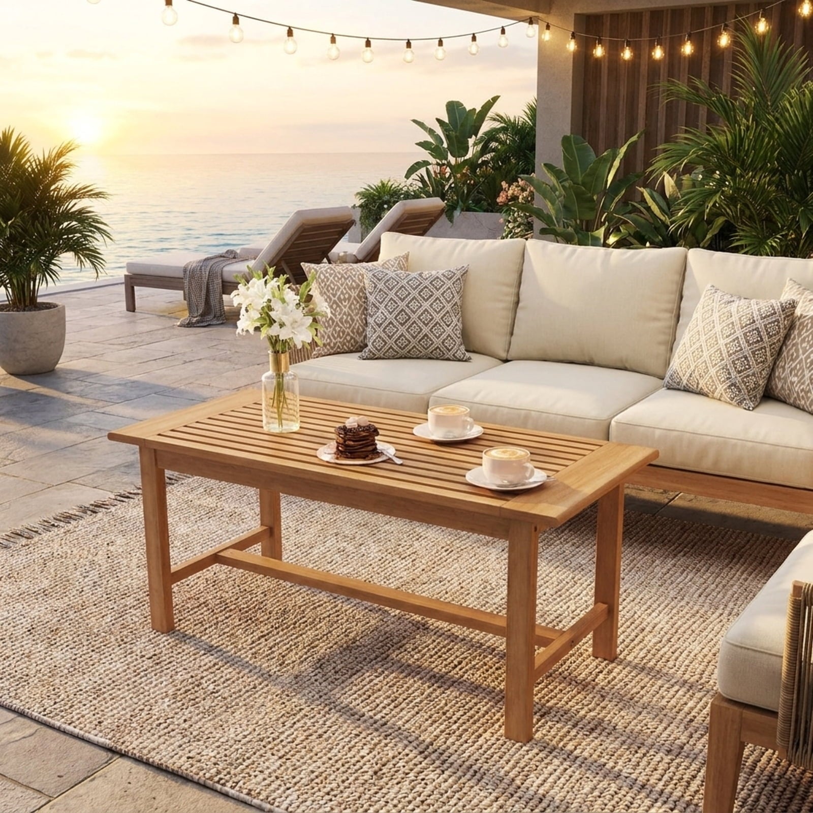 Biotree Patio Coffee Table 36 Inch Rectangular Outside Side Table with Slatted Tabletop, Natural