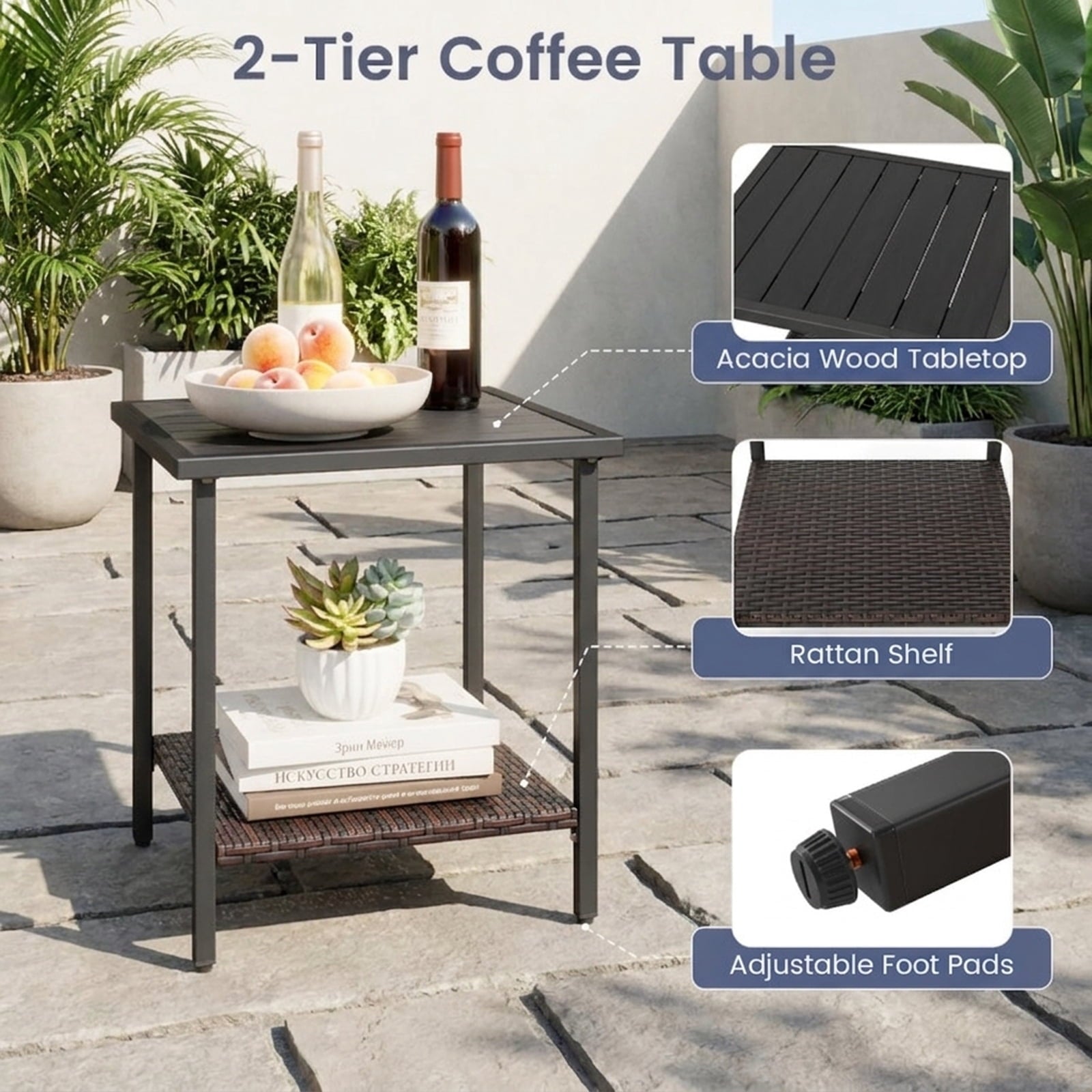 Biotree 3 Piece Rocking Bistro Set PE Rattan Rocker Chairs with Acacia Wood Top Table Outdoor Conversation Set for Garden Backyard PorchNavy