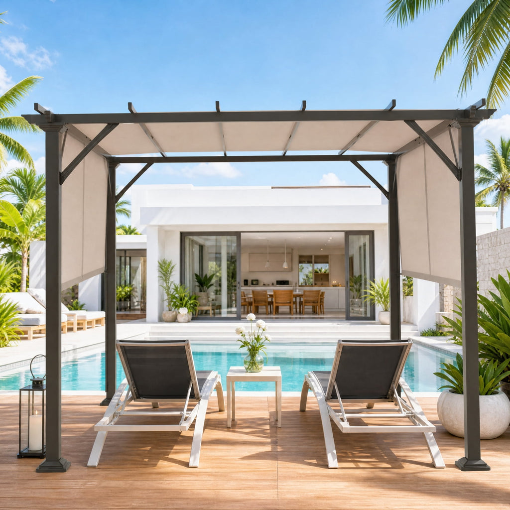 Biotree 10 x 10 Ft Outdoor Pergola Gazebo with Dual Retractable Canopy, Powder-Coated Steel Patio Shelter for Backyard and Poolside, Beige