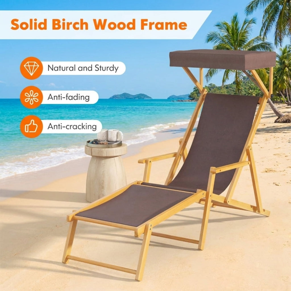 Biotree Birch Wood Chaise Lounge Chair Foldable Beach Chair with Adjustable Canopy Stackable Patio Chair for Garden BackyardBrown