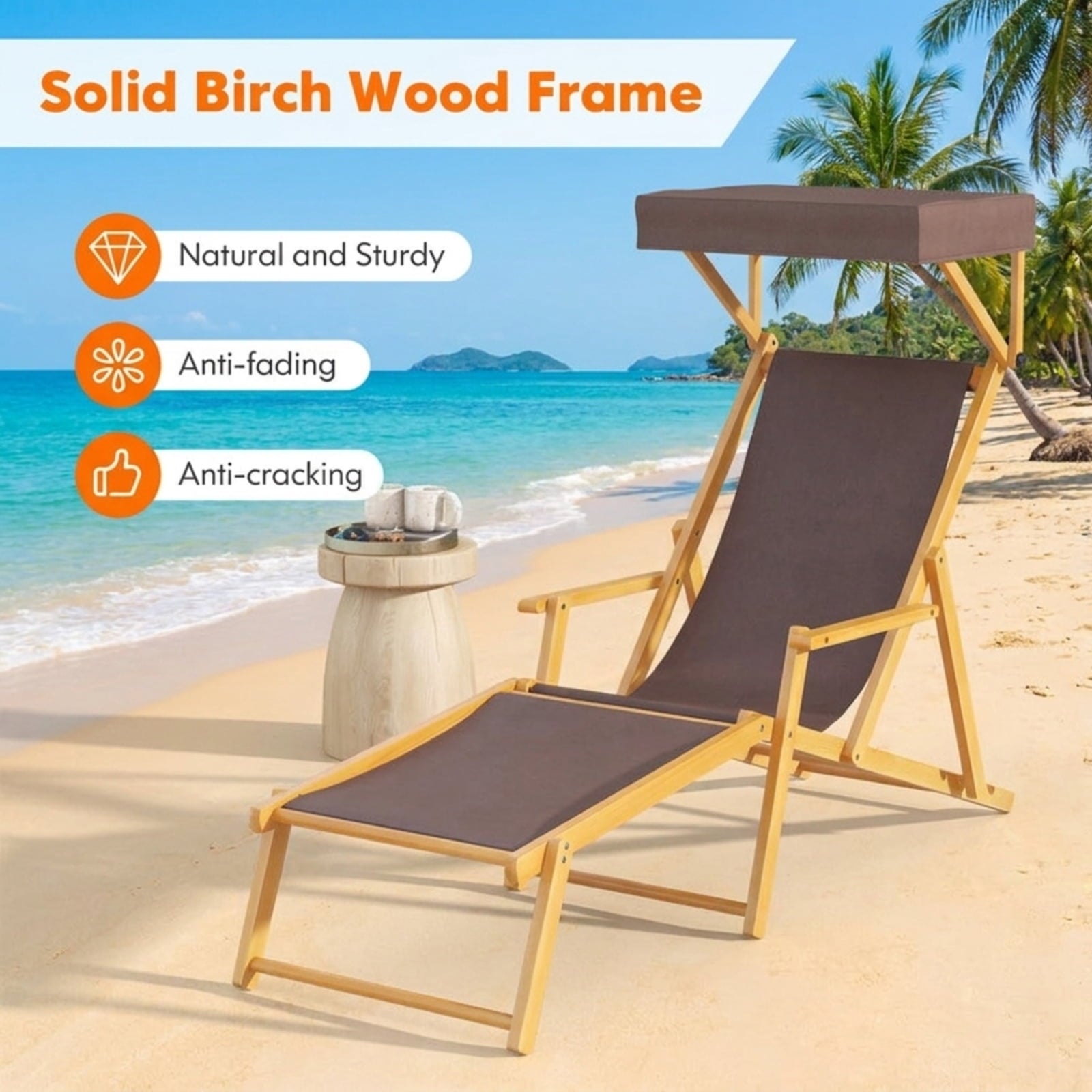 Biotree Birch Wood Chaise Lounge Chair Foldable Beach Chair with Adjustable Canopy Stackable Patio Chair for Garden BackyardBrown