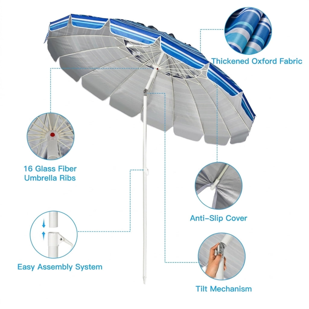 Biotree 8.0 ft Portable Beach Umbrella with Carrying Bag, 16 Ribs, Sand Tilt Mechanism - Navy Blue for Backyard