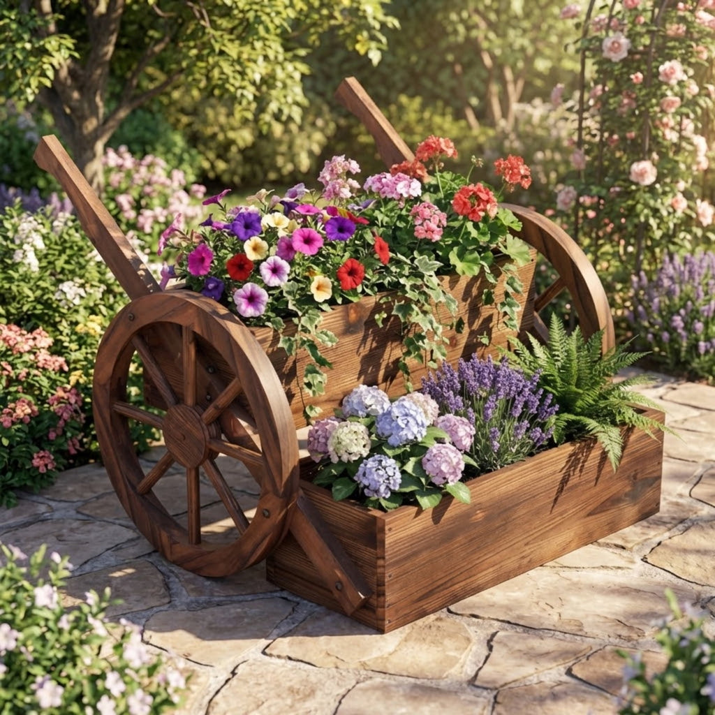 Biotree Rustic Wood Wagon Planter 2-Tier Versatile Raised Garden Bed with Wheels-Brown - Outdoor Backyard Patio Garden Planting