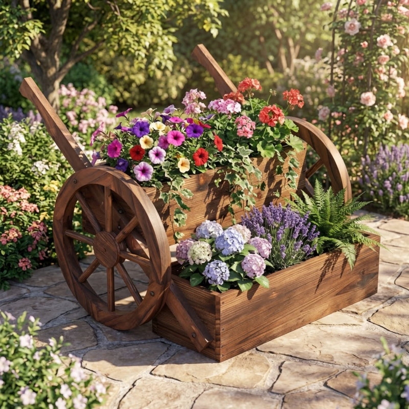 Biotree Rustic Wood Wagon Planter 2-Tier Versatile Raised Garden Bed with Wheels-Brown - Outdoor Backyard Patio Garden Planting