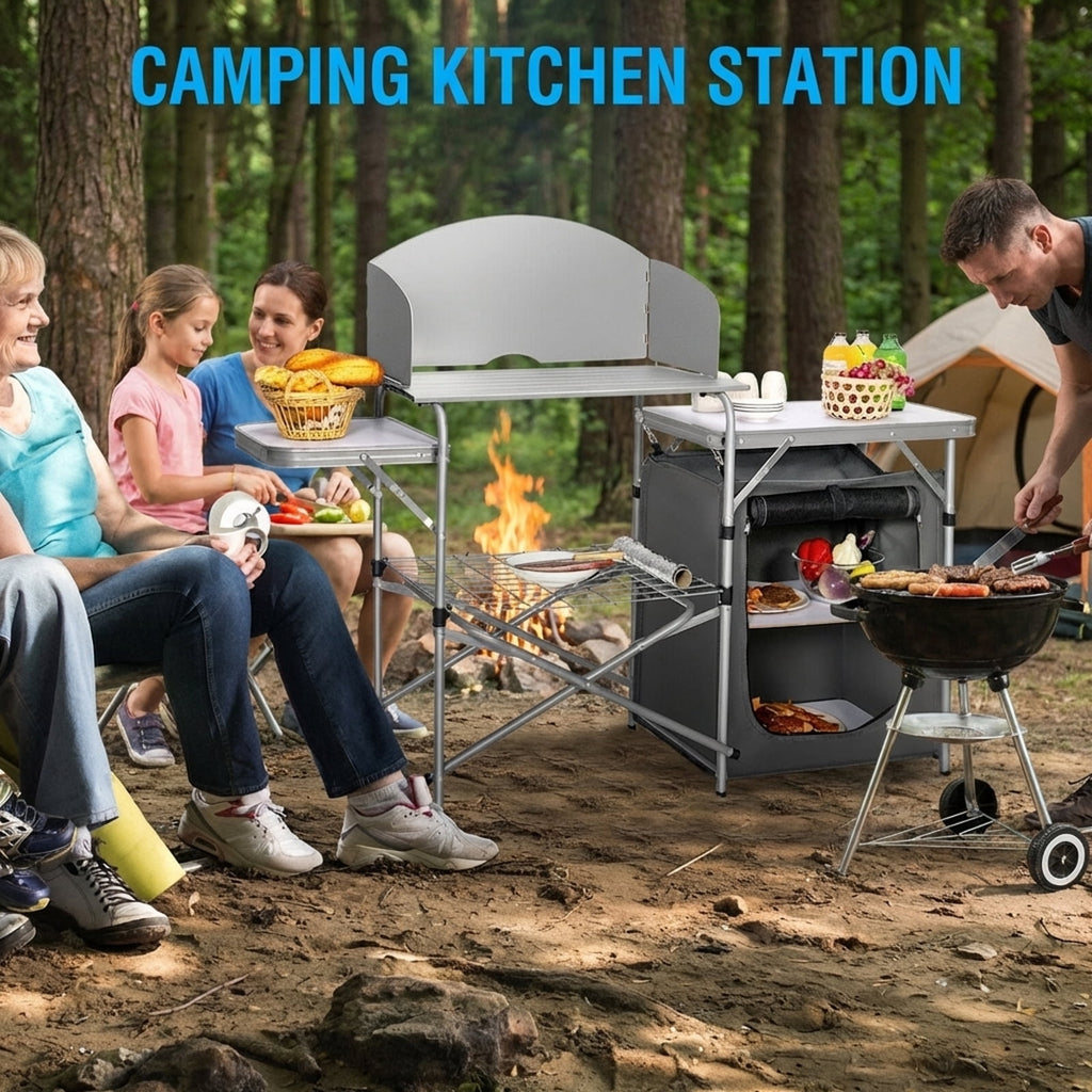 Biotree Foldable Outdoor BBQ Portable Grilling Table with Windscreen and Carry Bag Camping Grill Table for Cooking, Gray