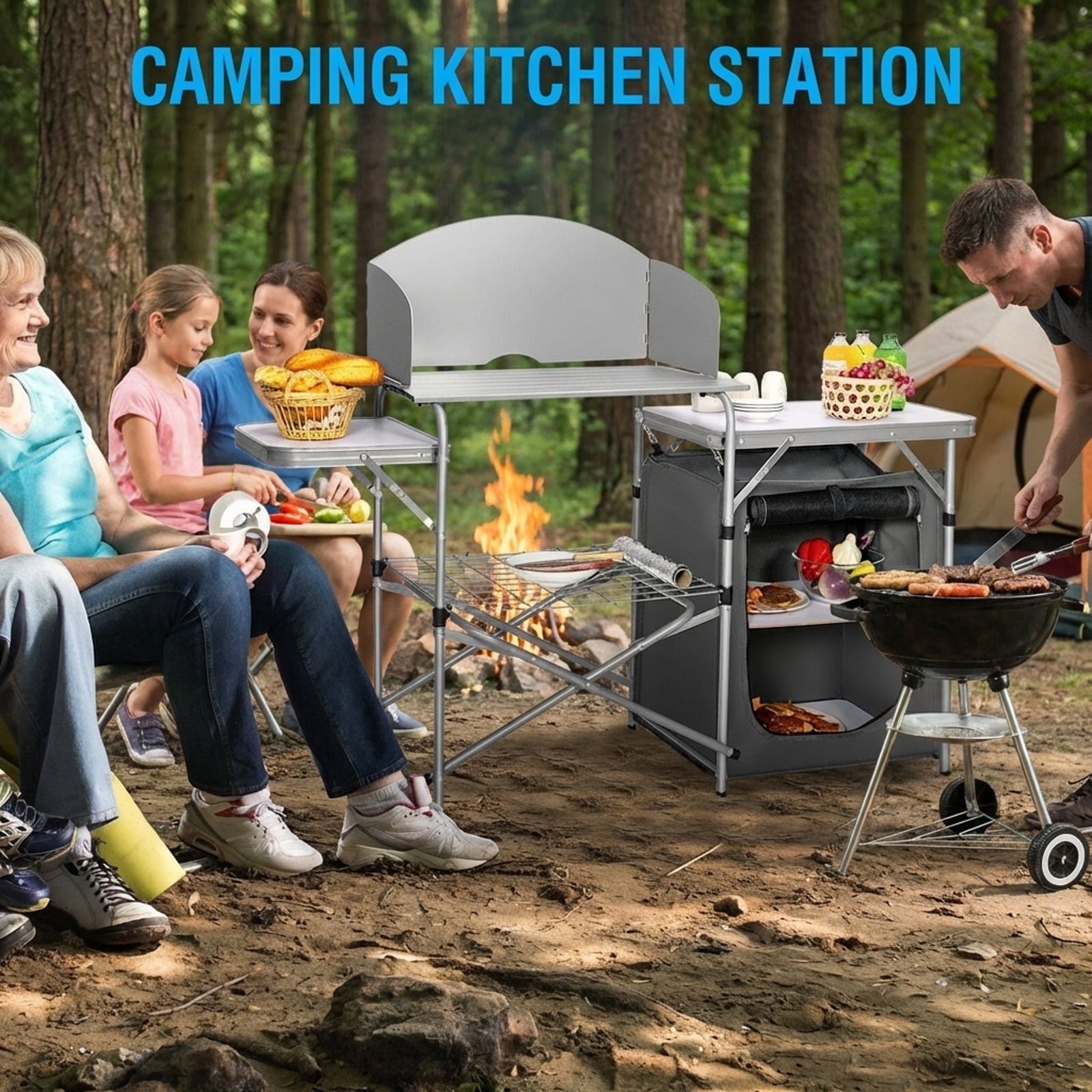 Biotree Foldable Outdoor BBQ Portable Grilling Table with Windscreen and Carry Bag Camping Grill Table for Cooking, Gray
