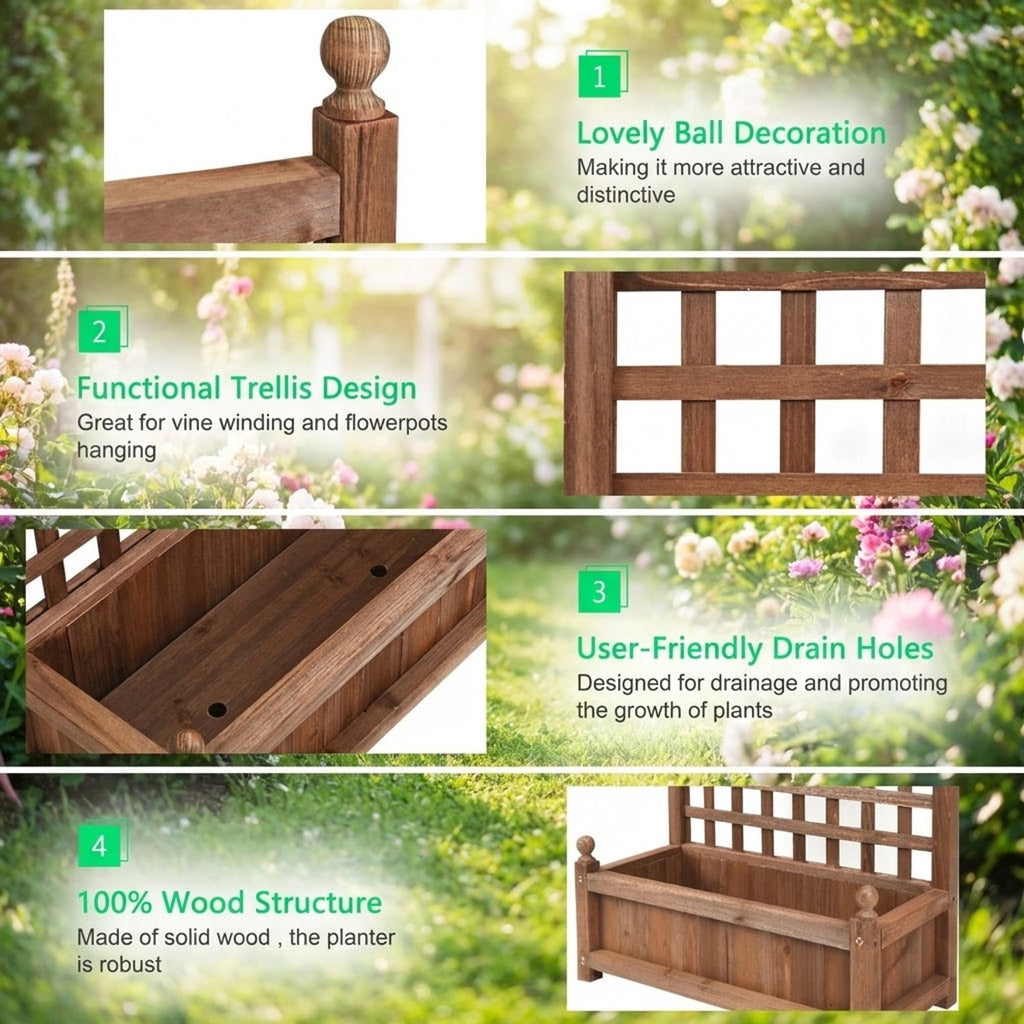 Biotree Solid Free Standing Wood Planter Box with Trellis for Garden Dark brown - Outdoor Backyard Patio Garden Planting