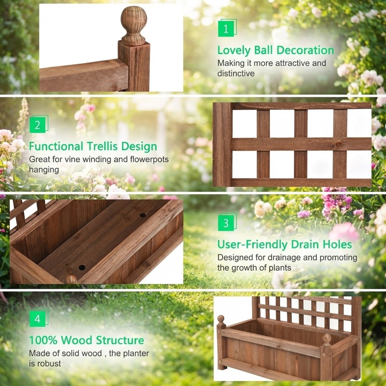 Biotree Solid Free Standing Wood Planter Box with Trellis for Garden Dark brown - Outdoor Backyard Patio Garden Planting