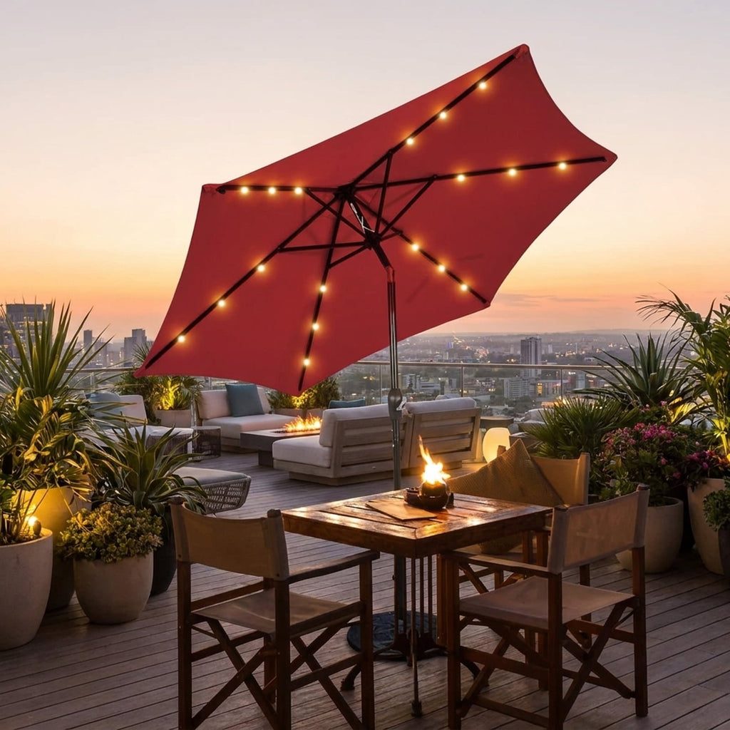 Biotree 9 ft Solar LED Market Patio Umbrella with Crank and Tilt, 6 Sturdy Ribs, Vented Canopy - Walnut