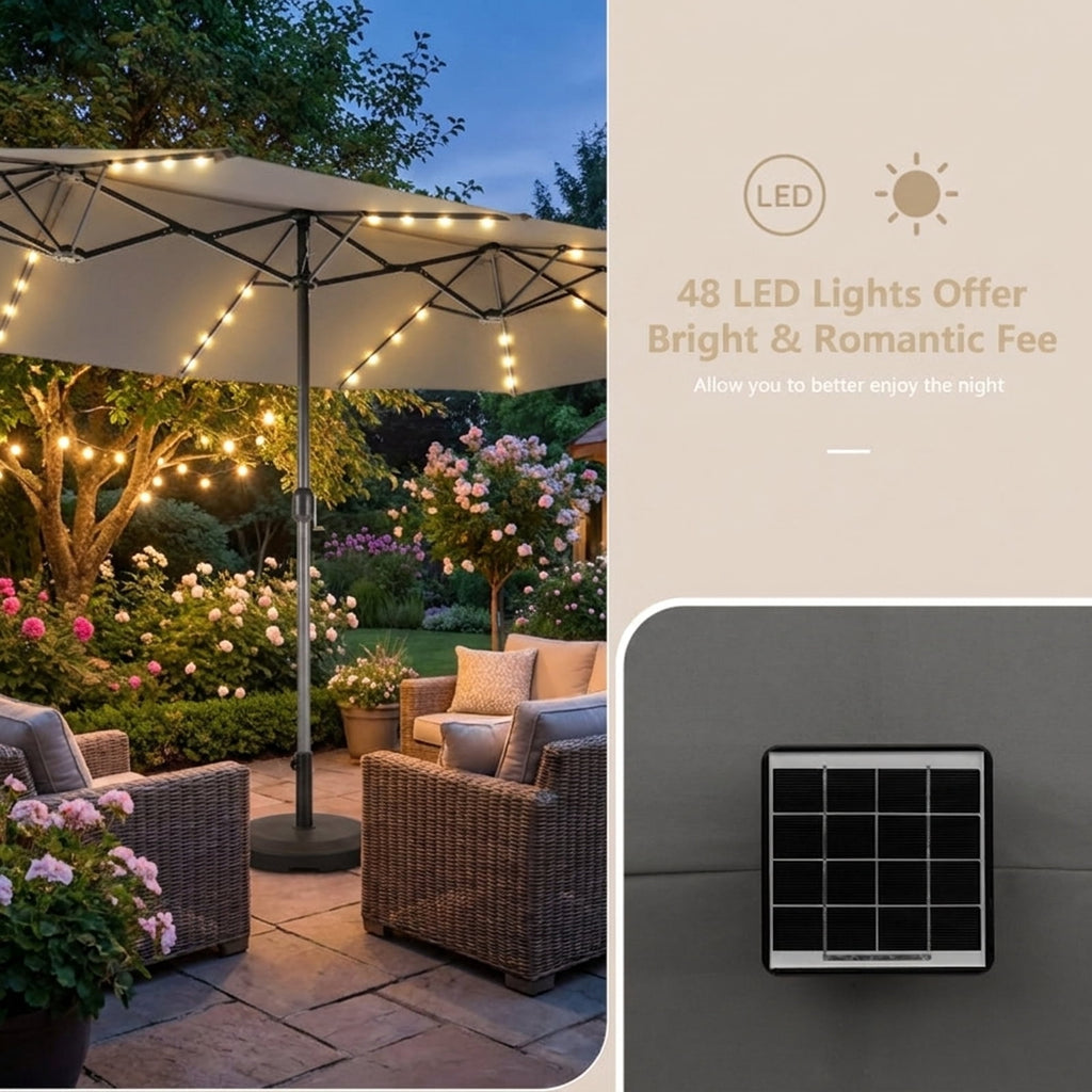 Biotree 15 ft Double-Sided Twin Patio Umbrella 48 LED Lights Outdoor Shade - Gray - UV Protection with Cross Base