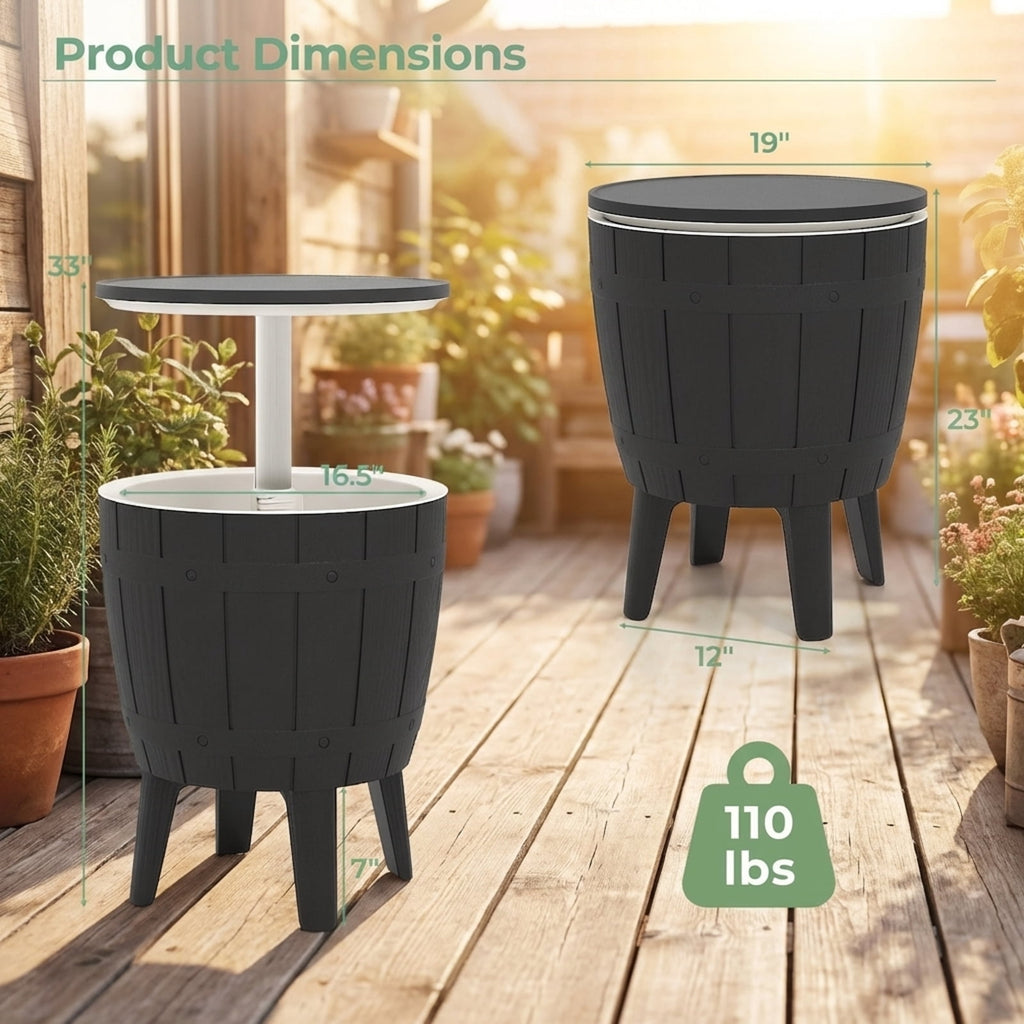 Biotree 10 Gallon Cooler Bar Table Outdoor Coffee Table with Telescopic Tabletop Ice Bucket Table for Beer Wine, Black