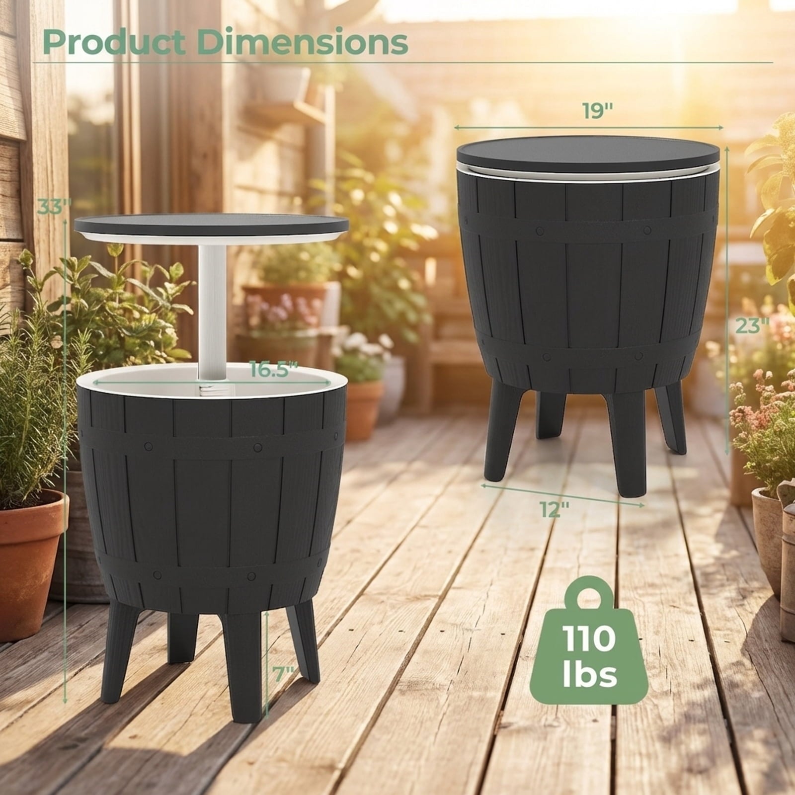 Biotree 10 Gallon Cooler Bar Table Outdoor Coffee Table with Telescopic Tabletop Ice Bucket Table for Beer Wine, Black