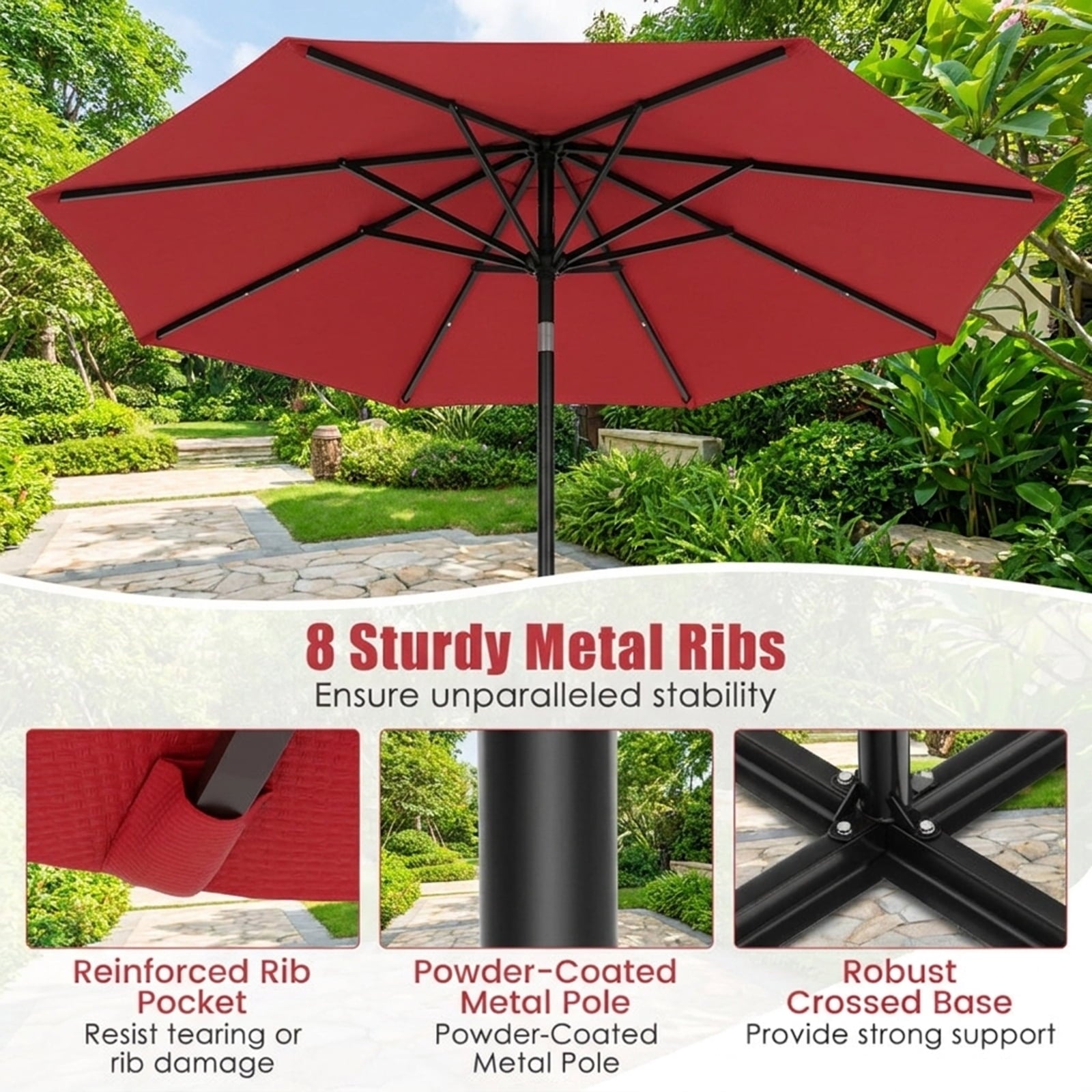 Biotree 9 ft Solar LED Market Patio Umbrella with Tilt and Crank Lift 6 Ribs 18 Lights Iron Pole for Outdoor Table Use - Beige