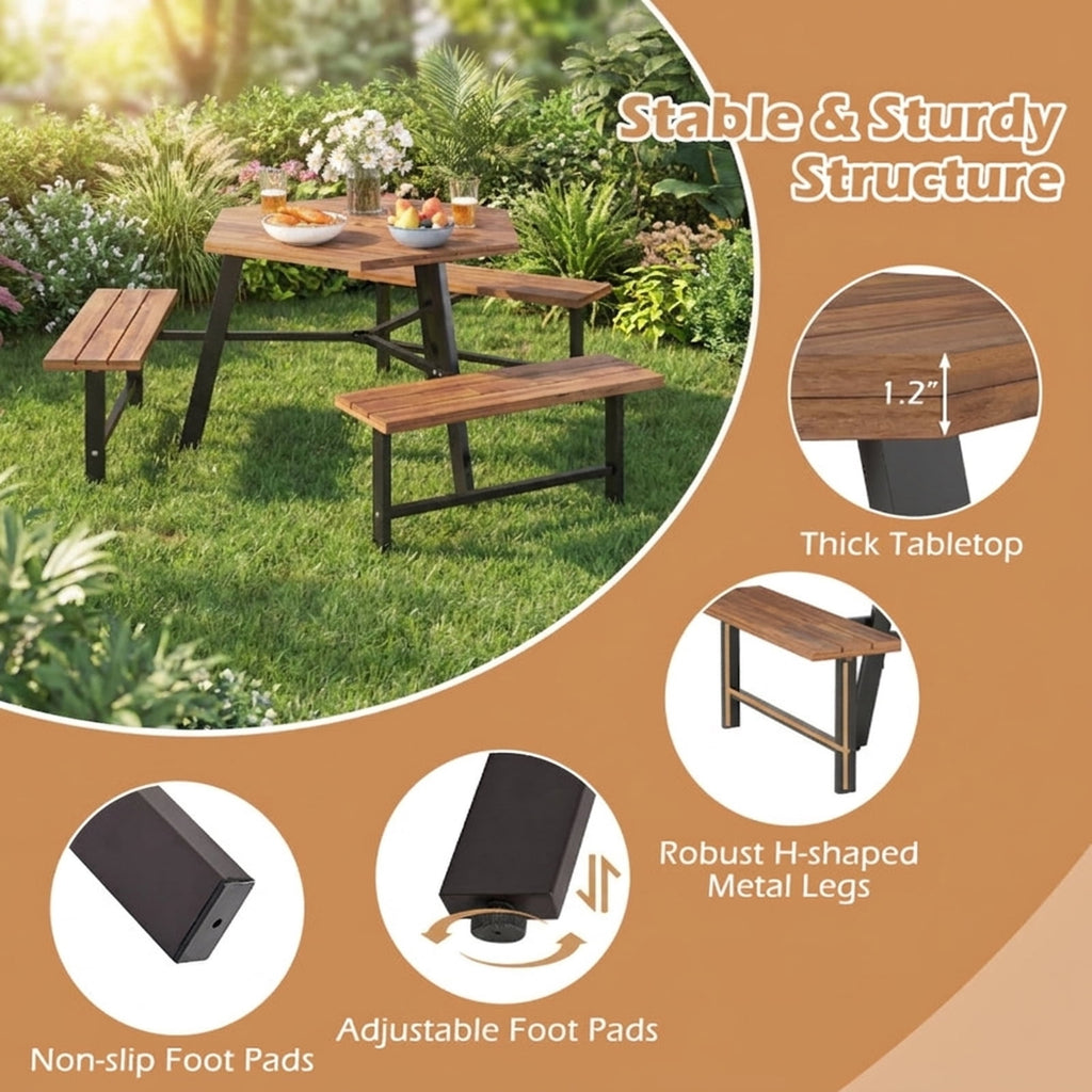 Biotree 75-Inch 6 Person Acacia Wood Picnic Table Bench Set with 3 Seats with 1.97" Umbrella Hole, Black