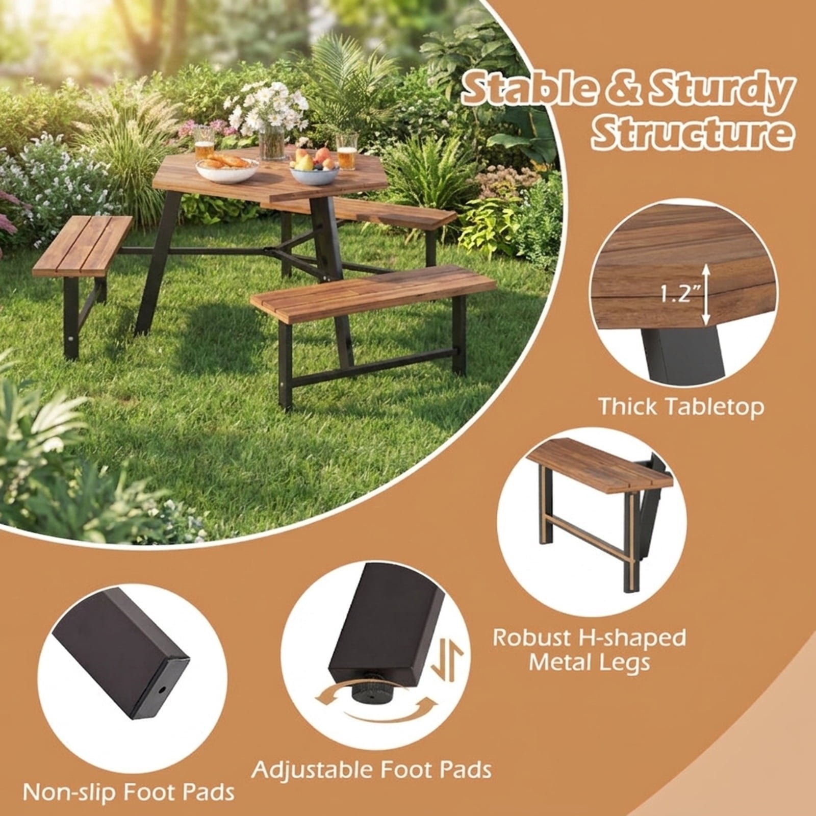 Biotree 75-Inch 6 Person Acacia Wood Picnic Table Bench Set with 3 Seats with 1.97" Umbrella Hole, Black
