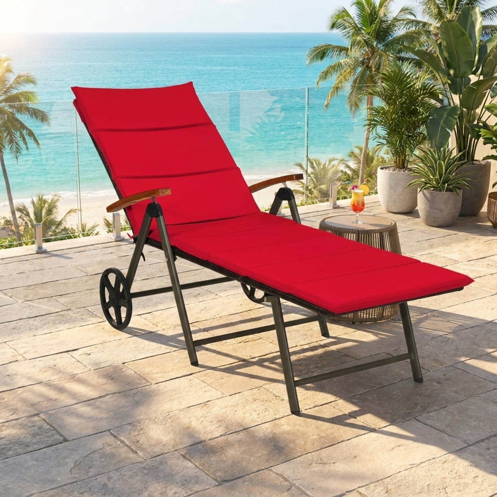 Biotree Outdoor Chaise Lounge Chair Rattan Lounger Recliner Chair Stackable Patio Chair for Garden BackyardRed