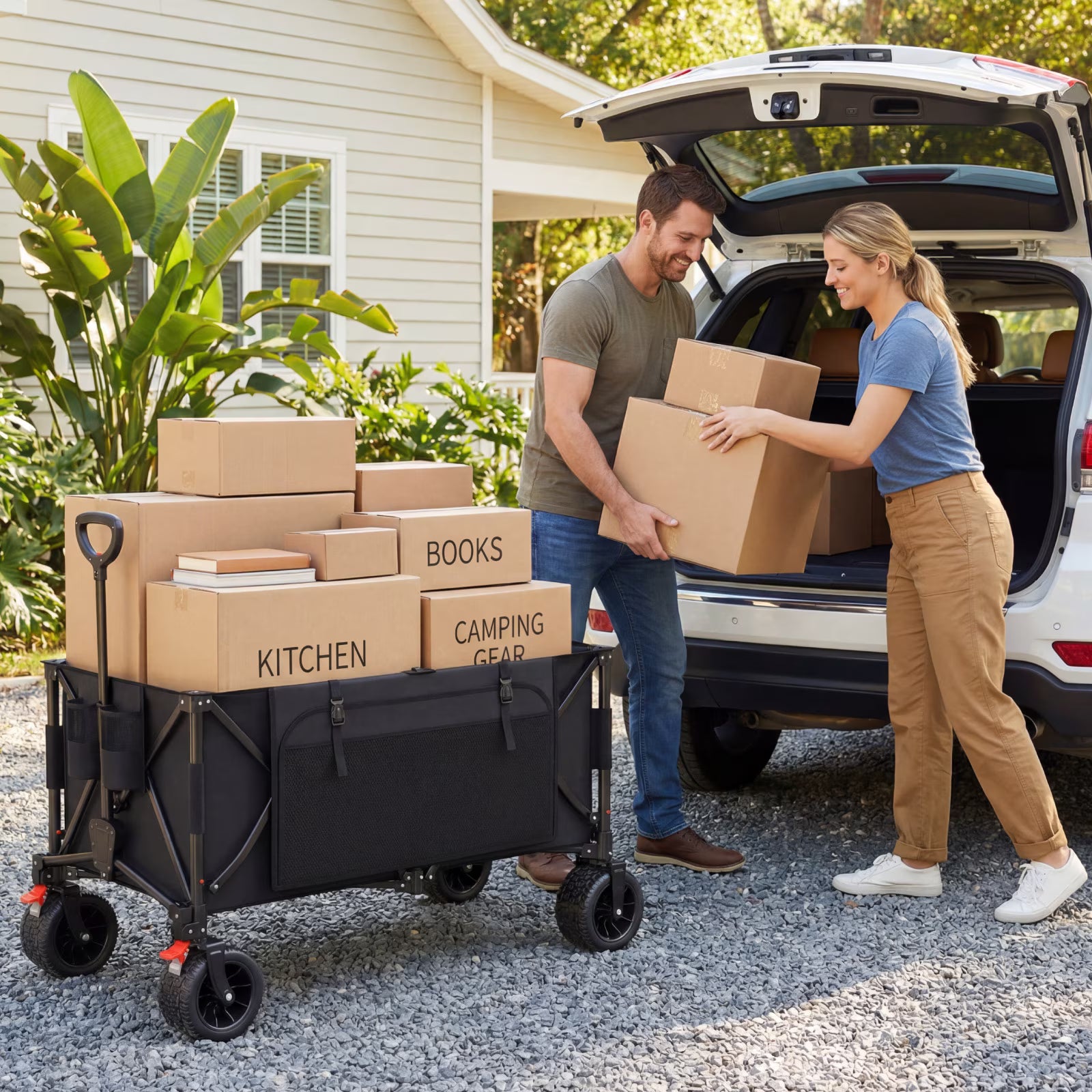 Biotree Collapsible Wagon Cart with Brakes, 300L 600Lbs Heavy Duty Folding Beach Wagon,All Terrain Utility Wagon for Camping Sports Garden Grocery, Black