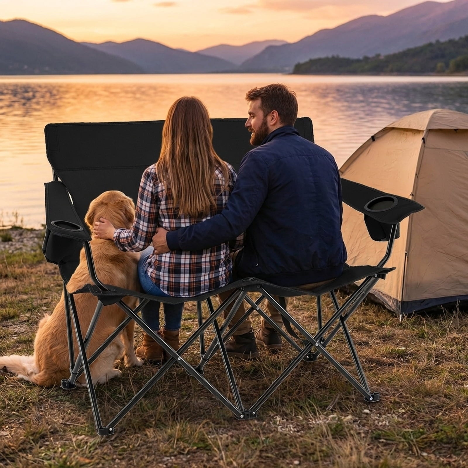 Biotree 2-Person Folding Outdoor Loveseat Camp Chair with Cup Holders Portable Double Camping Chair with Carry Bag, Black