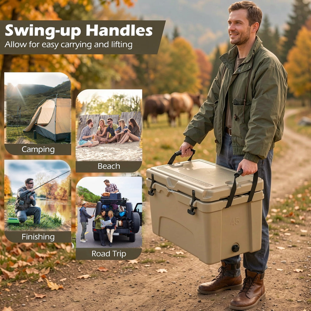 Biotree 45 Quart Portable Hard Cooler Insulated Ice Chest Keeps Cool for up to 6 Days, Khaki