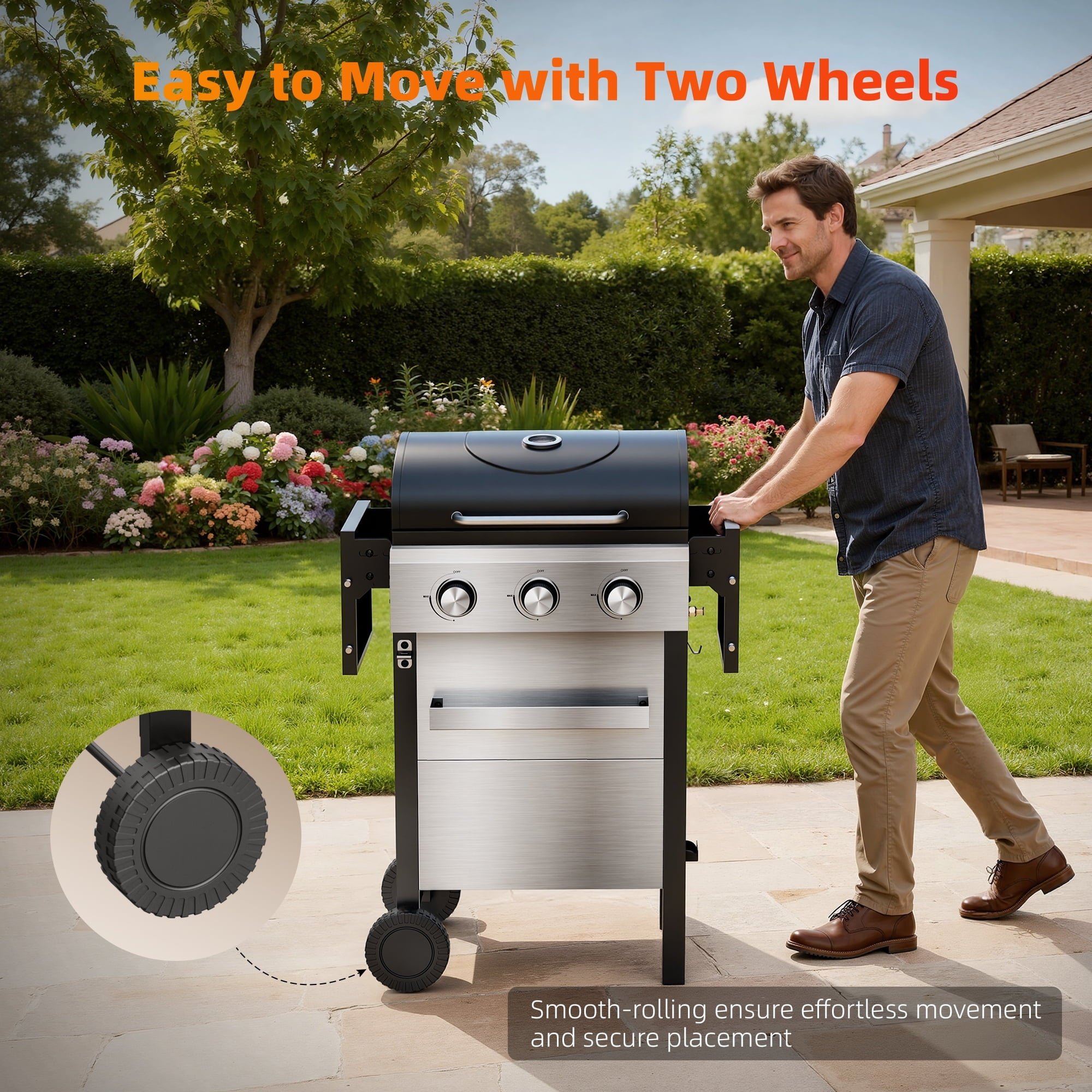 Biotree 3 Burner BBQ Propane Gas Grill, Stainless Steel 26,000 BTU Patio Garden Barbecue Grill with Two Foldable Shelves