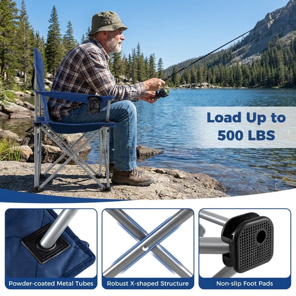Biotree Heavy Duty Oversized Folding Camping Chair with Cooler Pouch and Cup Holder 500 lb Capacity Portable Outdoor Chair, Navy Blue