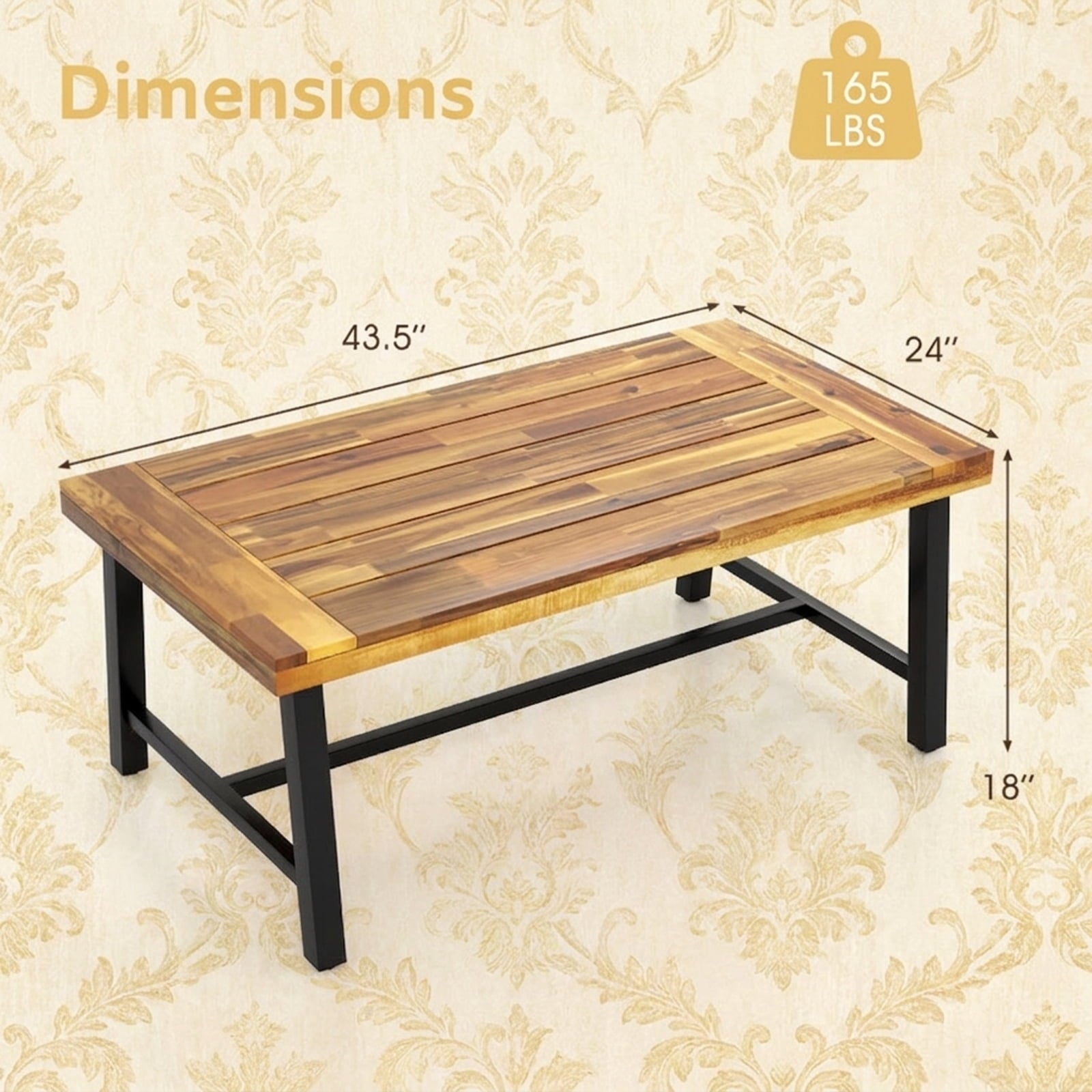 Biotree Acacia Wood Coffee Table with Thickened Top and Heavy-duty Metal Legs, Black