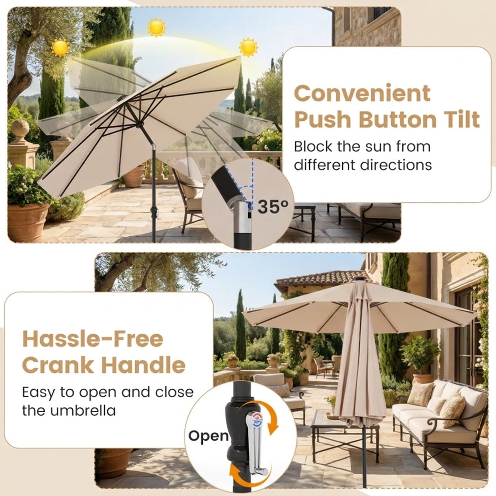 Biotree 10 ft Market Patio Umbrella with Crank and Tilt, 8 Sturdy Ribs, Vented Canopy - Beige for Backyard