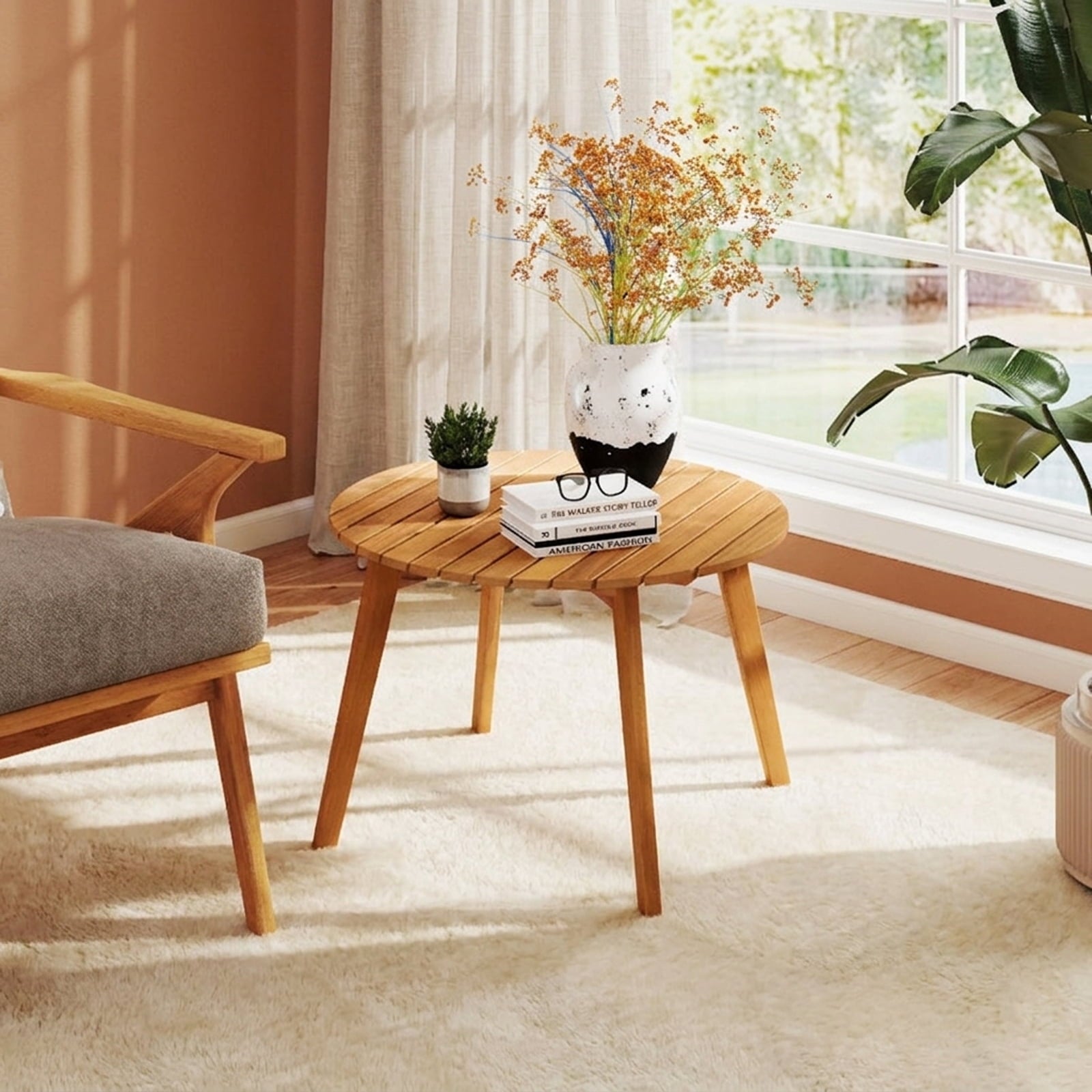 Biotree Round Outdoor Acacia Wood Side Table with Slatted Tabletop, Natural