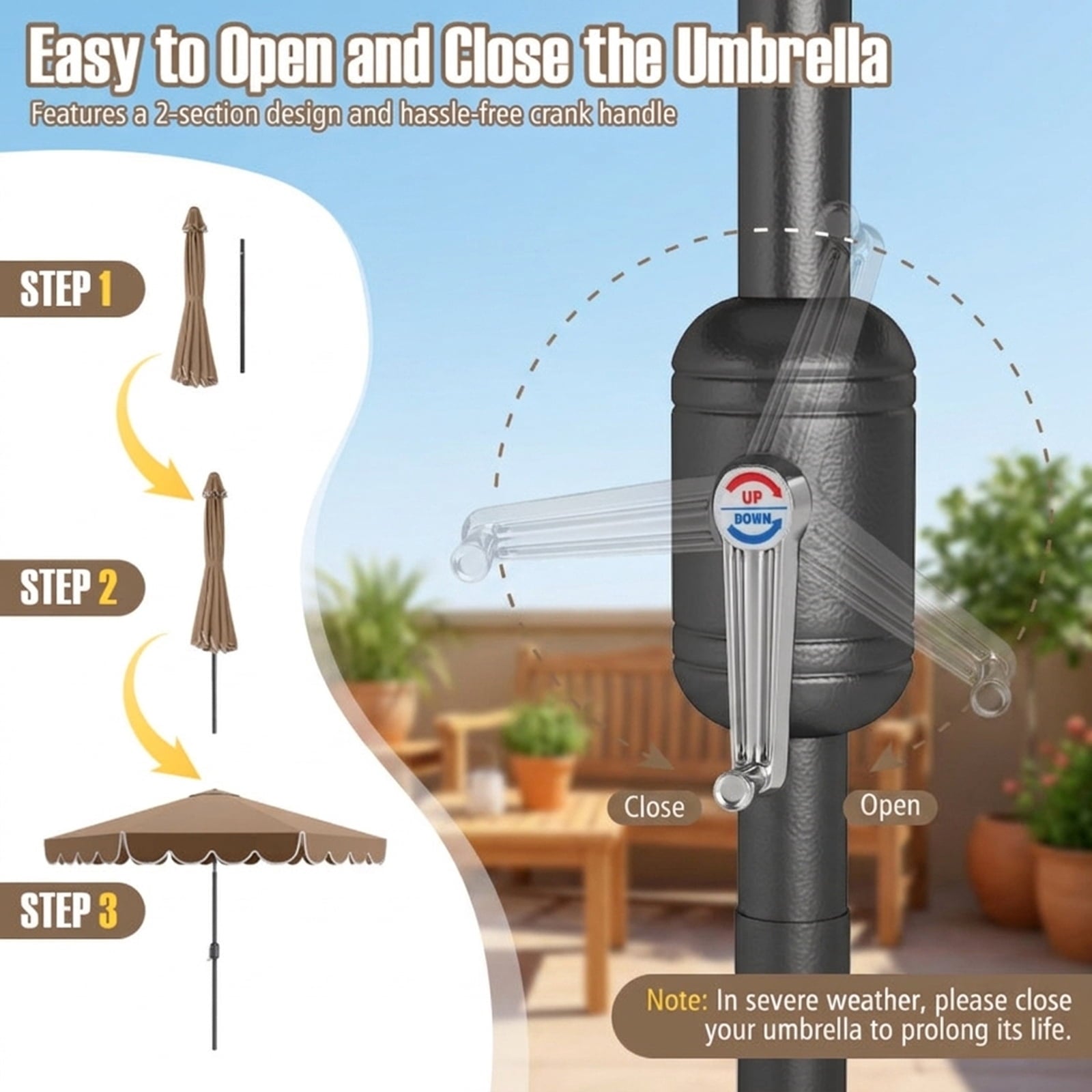 Biotree 10 ft Market Patio Umbrella with Crank and Tilt, 8 Sturdy Ribs, Vented Canopy - Beige for Backyard