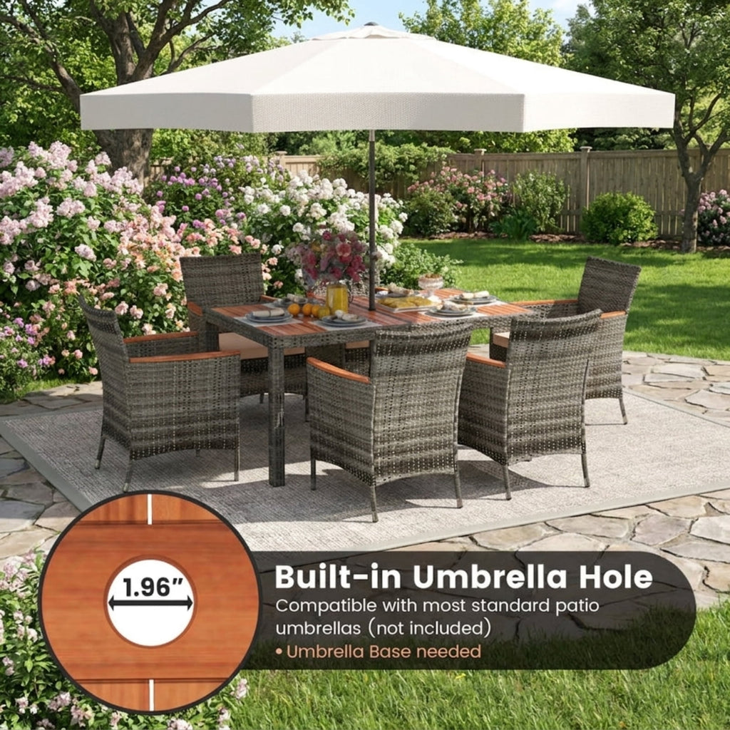Biotree 7 Pieces Patio Acacia Wood Cushioned PE Rattan Wicker Dining Set Outdoor Conversation Set for Garden Backyard PorchGray