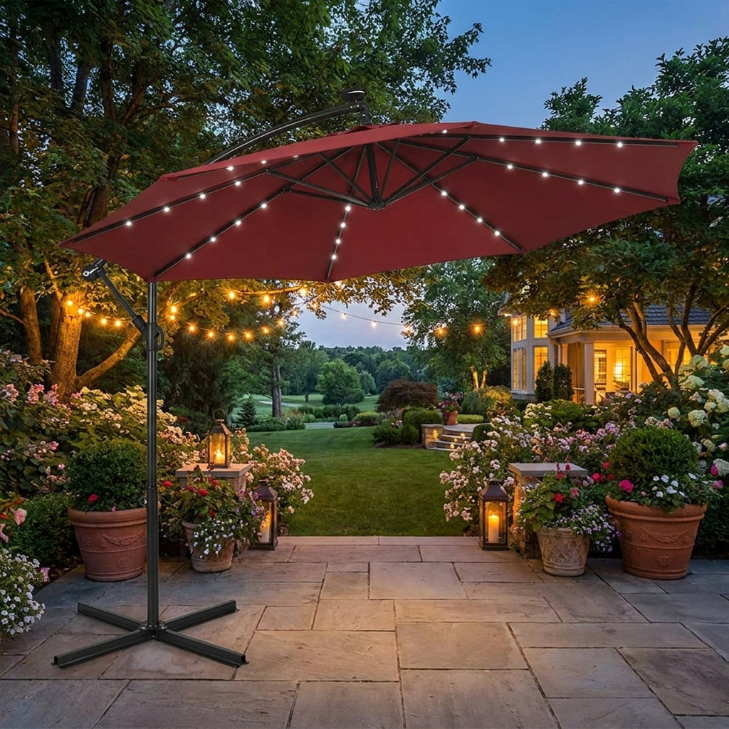 Biotree 10 ft Solar Offset Hanging Umbrella with 40 LED Lights Cross Base Included 180G Polyester Canopy for Patio Outdoor - Beige