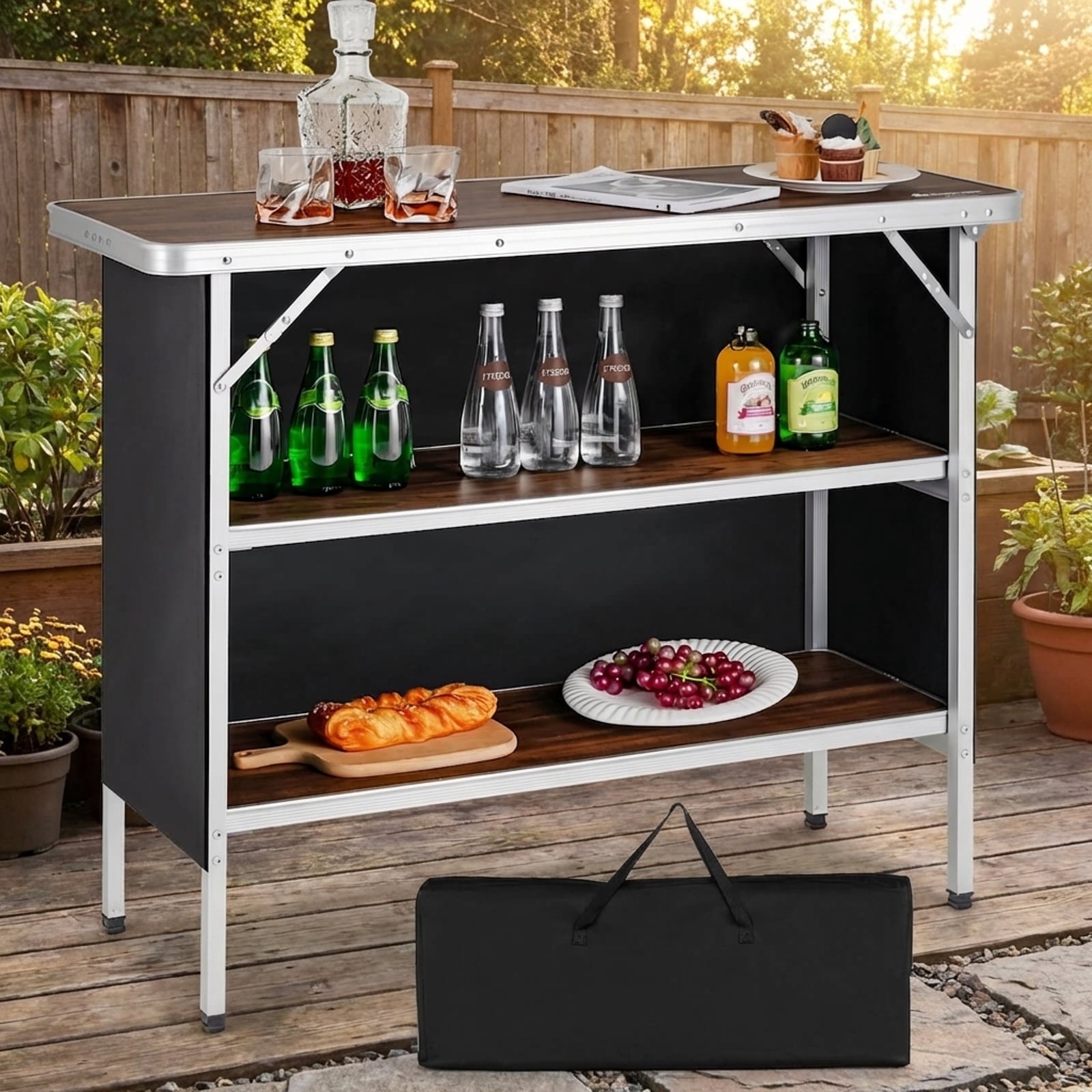 Biotree Folding Camping Table with 2-Tier Open Shelves for Outdoor BBQ Portable Camp Kitchen Table with Storage, Brown