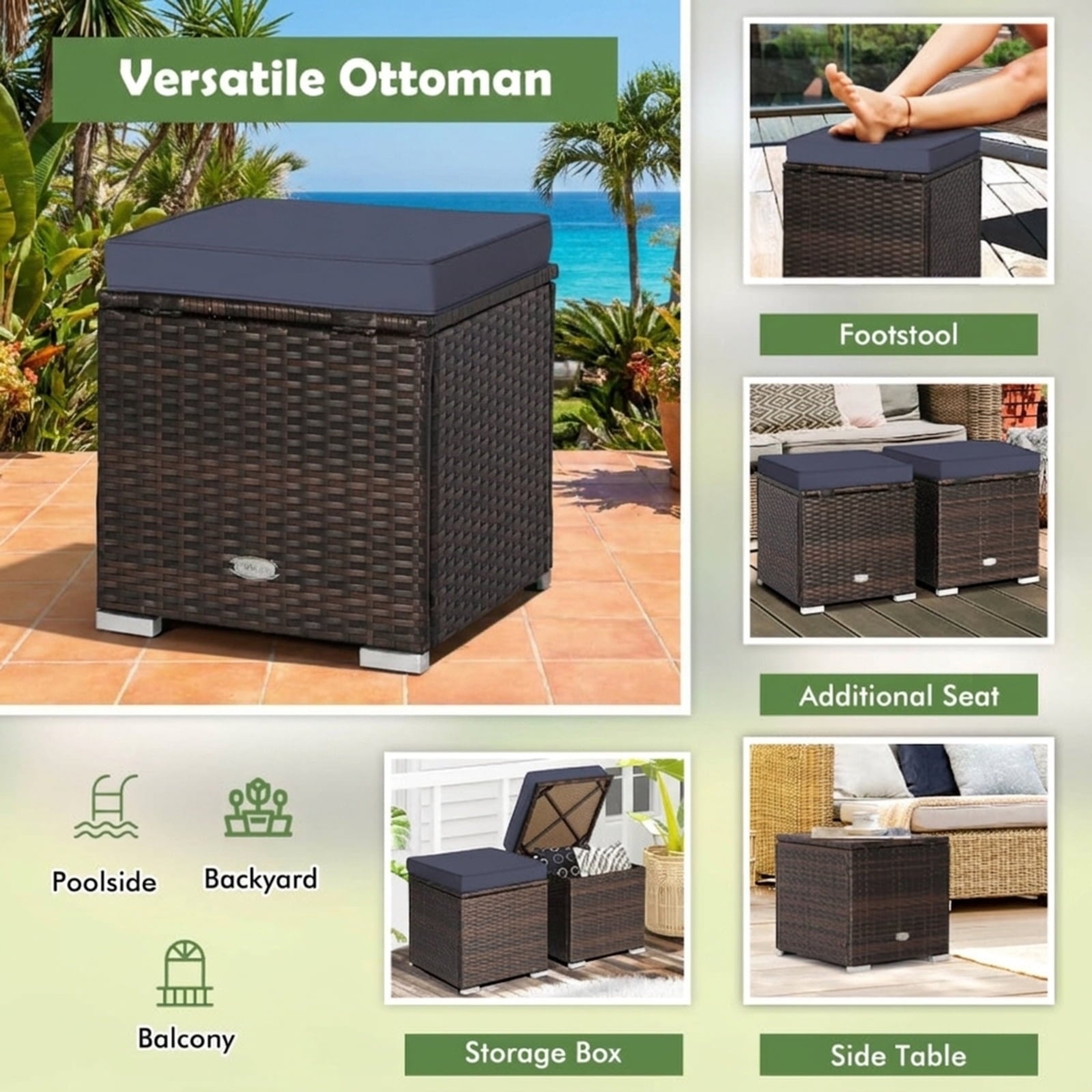 Biotree 2 Pieces Patio Ottoman with Removable Cushions Stackable Patio Chair for Garden BackyardNavy