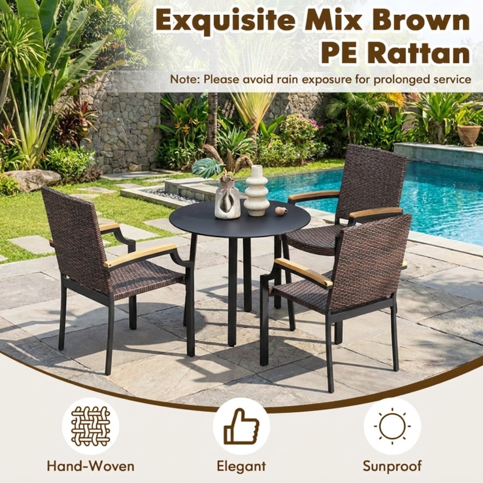Biotree Stacking Wicker Chairs Set of 2 Patio Rattan Dining Chairs with Acacia Wood ArmrestsMix Brown
