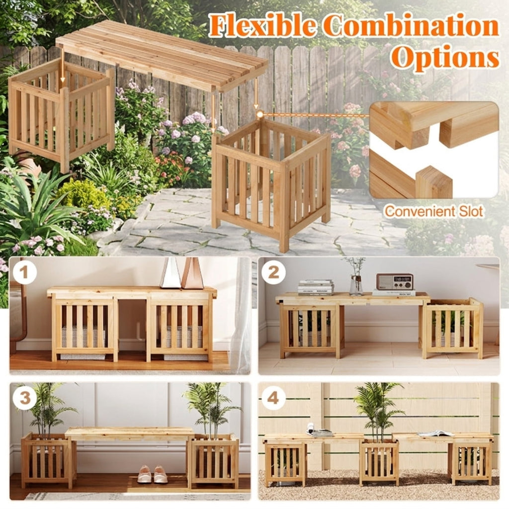 Biotree Patio Wooden Bench with Planter 2 Person Patio Bench Stackable Patio Chair for Garden BackyardNatural