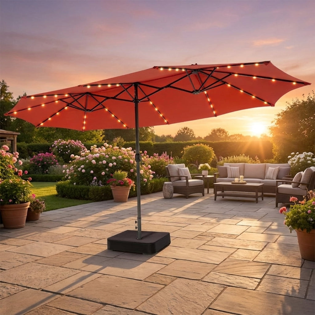 Biotree 15 ft Double-Sided Twin Patio Umbrella 48 LED Lights Outdoor Shade - Orange - UV Protection with Cross Base