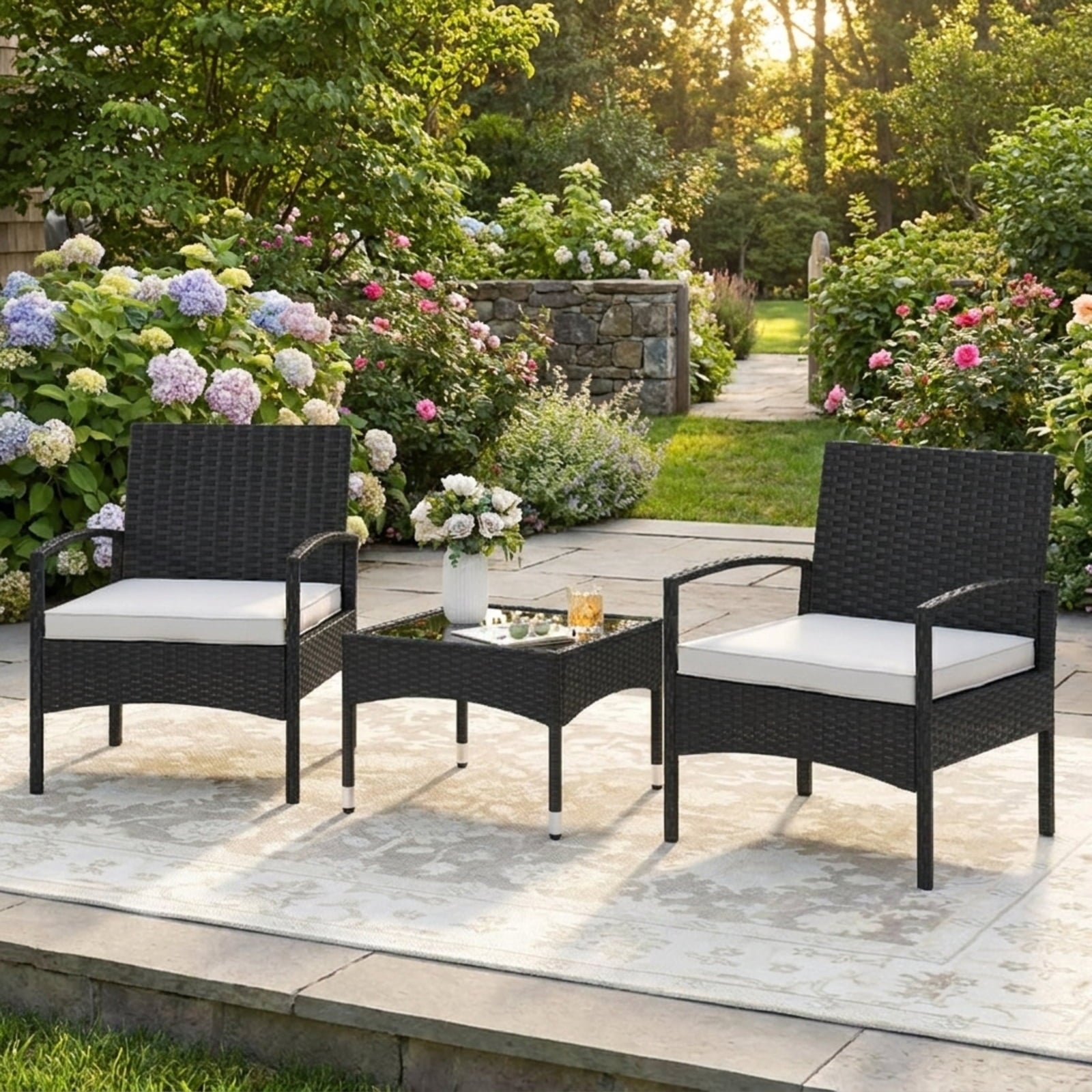 Biotree 3-Piece Patio Furniture Set Rattan Bistro Chairs with Table Outdoor Conversation Set for Garden Backyard PorchBeige