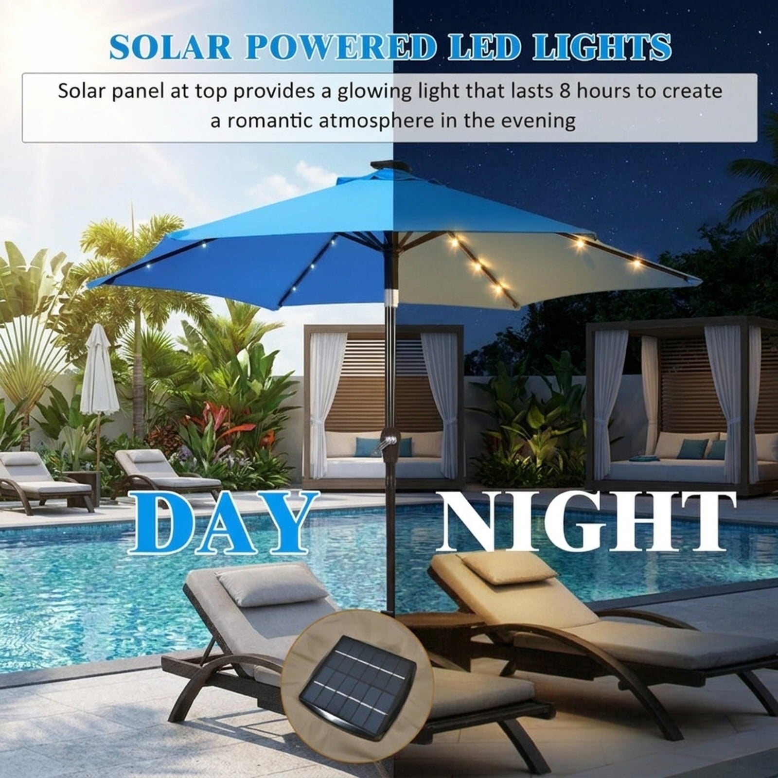 Biotree 9 ft Solar LED Market Patio Umbrella with Crank and Tilt, 6 Sturdy Ribs, Vented Canopy - Navy Blue