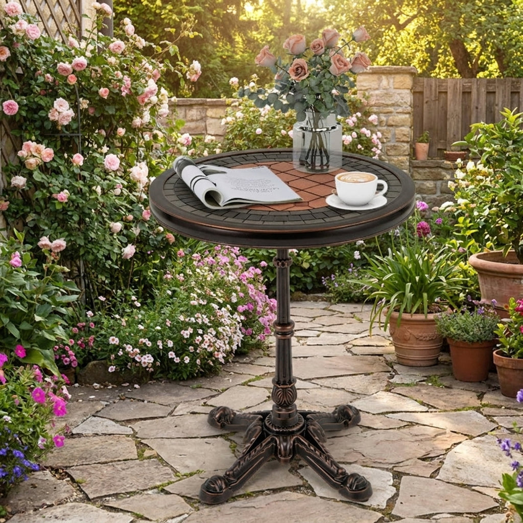 Biotree 24" Round Patio Dining Table Weather-resistant Cast Aluminum Table, Walnut