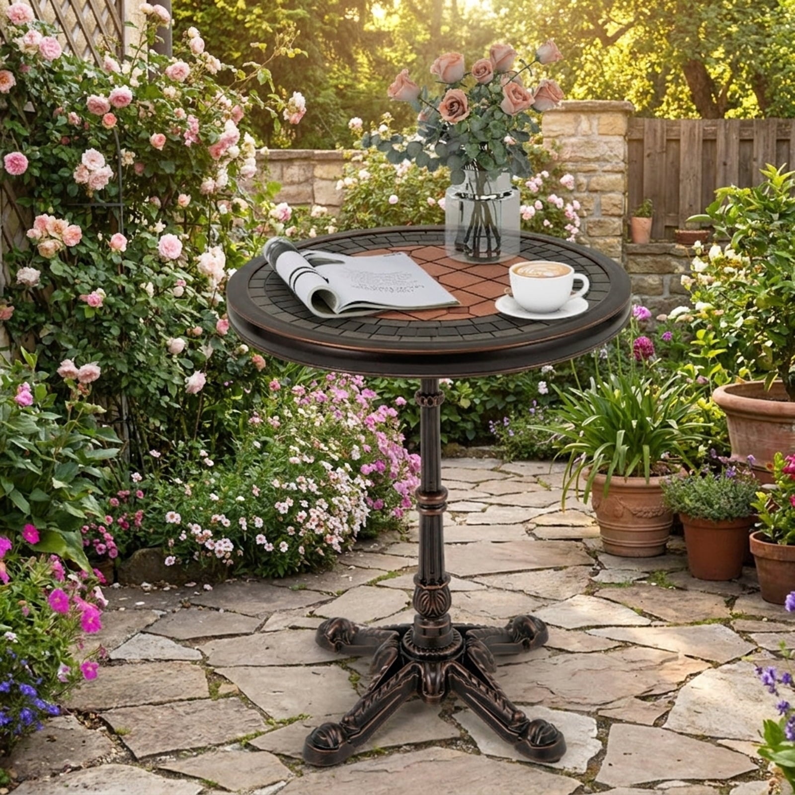 Biotree 24" Round Patio Dining Table Weather-resistant Cast Aluminum Table, Walnut