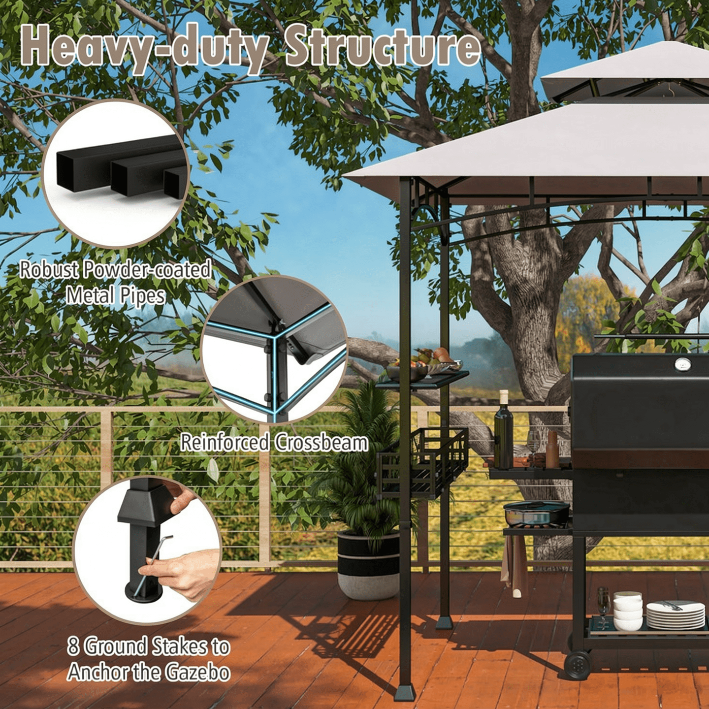 Biotree 8 x 5 Feet Outdoor Grill Gazebo with 2 Side Shelves and 10 Hooks Gray - Outdoor Patio Backyard Garden Shade Canopy Shelter