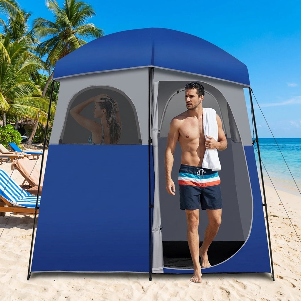 Biotree Double Room Camping Toilet Tent with Floor and Portable Storage Bag, Blue