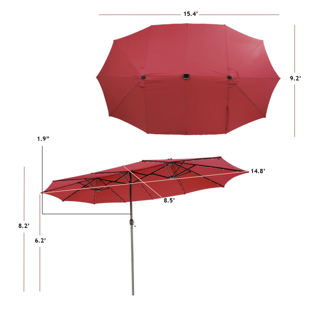 Biotree 15 FT Patio Umbrella, Twin Patio Umbrella with 48 Solar LED Lights for Patio Garden Backyard Pool, Dark Red