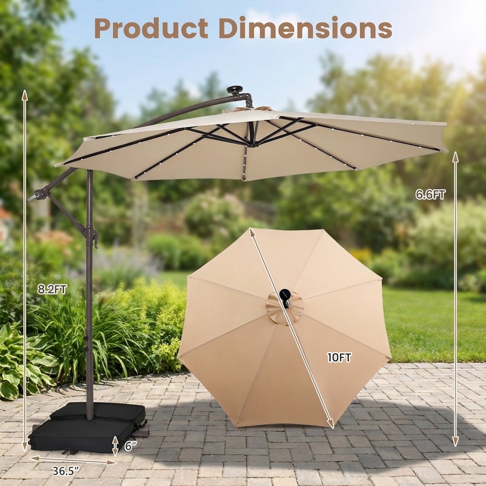 Biotree 10 Feet Cantilever Umbrella with 32 LED Lights and Solar Panel Batteries-Beige Outdoor Backyard