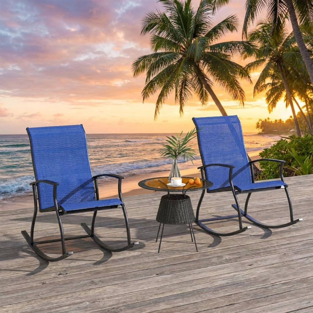 Biotree 2 Pieces Outdoor Rocking Chairs with Breathable Backrest Stackable Patio Chair for Garden BackyardNavy