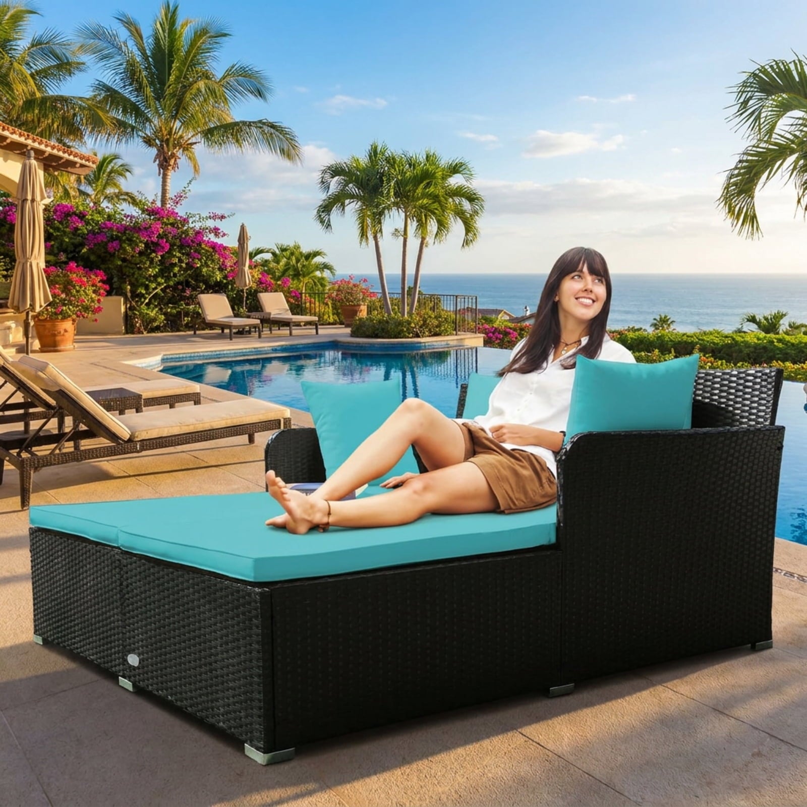 Biotree Spacious Outdoor Rattan Daybed with Upholstered Cushions and Pillows Outdoor Conversation Set for Garden Backyard PorchTurquoise